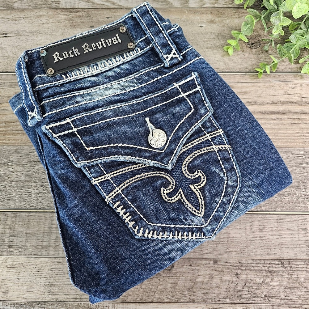 Rock Revival Jen Boot Cut Jeans 28x32 Dark Wash‎ Embellished Women's Denim